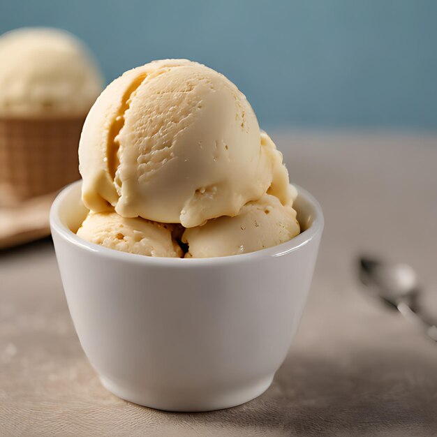 una taza de helado se sienta frente a una cuchara