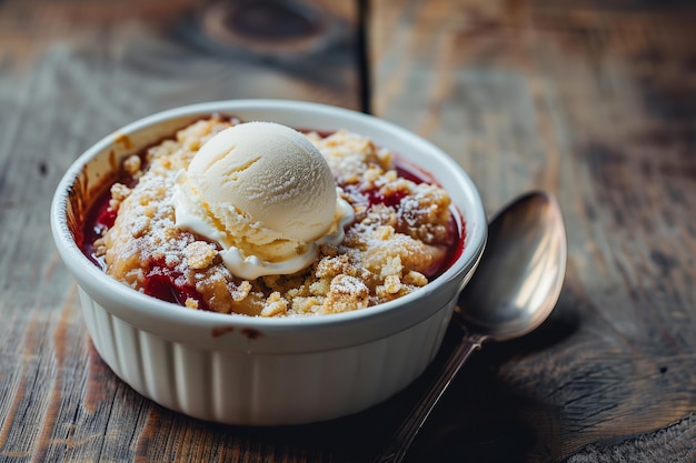 una taza de helado se sienta en un tazón en una mesa