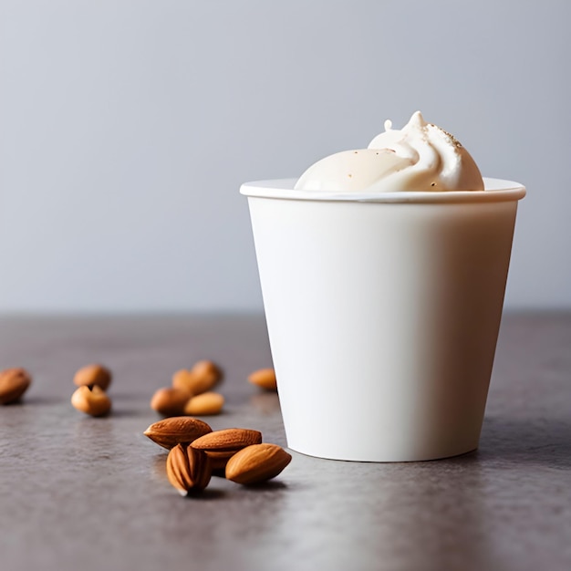 Una taza de helado de vidrio llena de gelatina de vainilla y miel