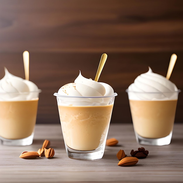 Una taza de helado de vidrio llena de gelatina de vainilla y miel