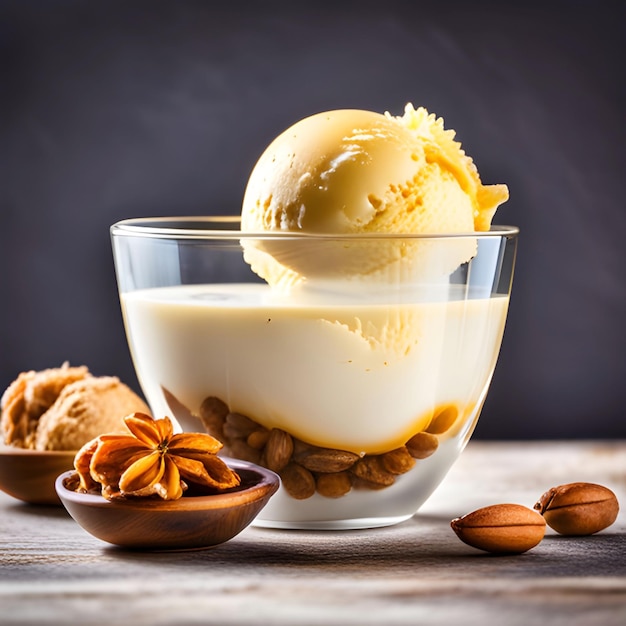 Una taza de helado de vidrio llena de gelatina de vainilla y miel