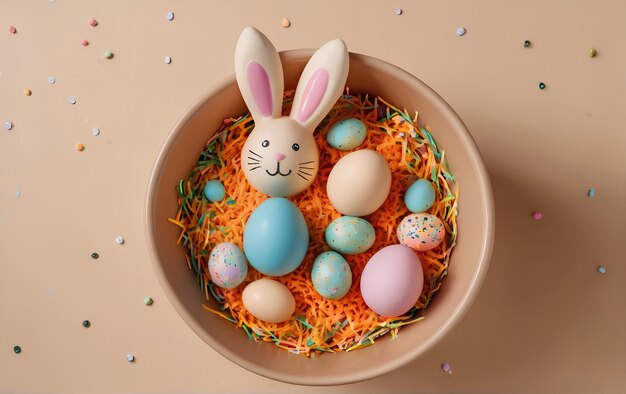 Una taza con huevos de colores, orejas de conejo caprichosas, salpicaduras, forman un conjunto alegre en un suave beige.