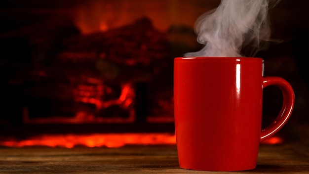 Taza humeante de bebida caliente, café o té en una tabla de madera junto a una chimenea ardiente