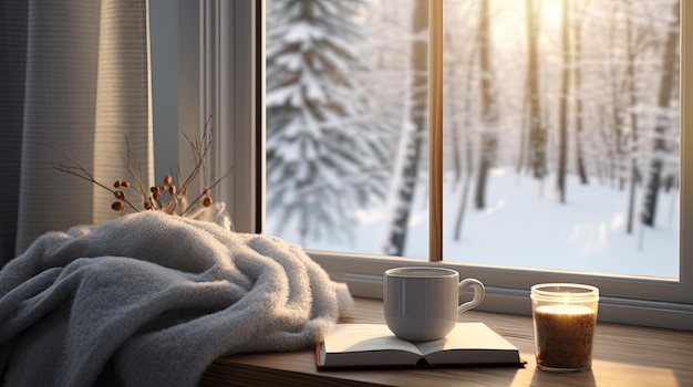 una taza humeante de café caliente un libro abierto y una manta cálida descansando en el alféizar de la ventana dentro de una cabaña minimalista moderna la escena se complementa con un paisaje nevado con nevadas afuera