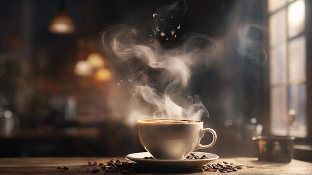Foto una taza humeante de café caliente se sienta en una mesa de madera rústica