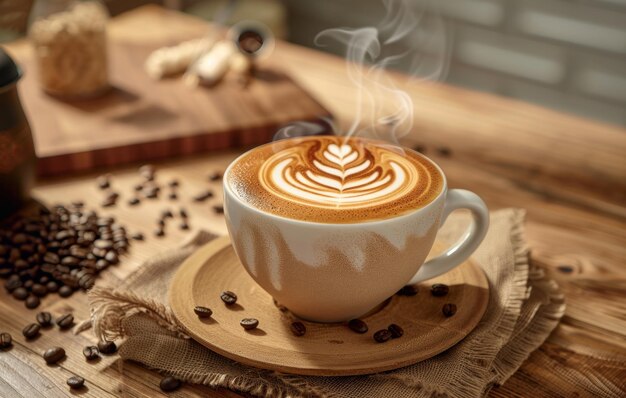 Una taza humeante de café latte art descansando en una superficie de madera rodeada de granos de café y tela que evoca una atmósfera cálida y acogedora