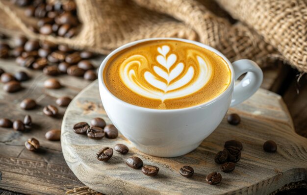 Una taza humeante de café latte art descansando en una superficie de madera rodeada de granos de café y tela que evoca una atmósfera cálida y acogedora
