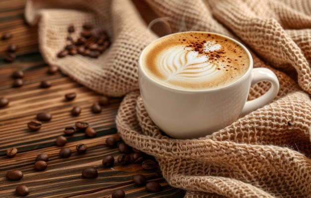 Una taza humeante de café latte art descansando en una superficie de madera rodeada de granos de café y tela que evoca una atmósfera cálida y acogedora