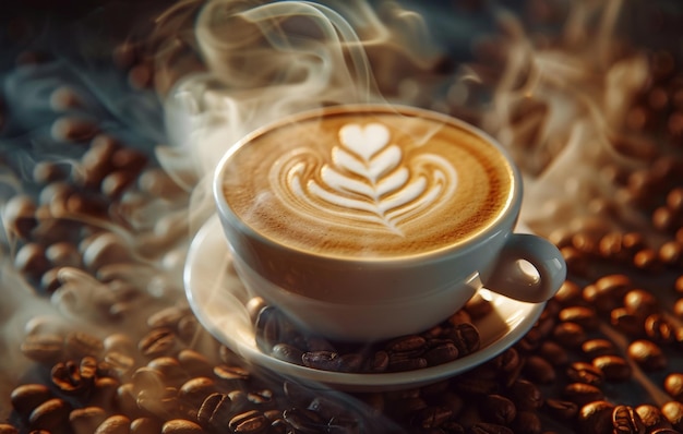 Una taza humeante de café latte art descansando en una superficie de madera rodeada de granos de café y tela que evoca una atmósfera cálida y acogedora