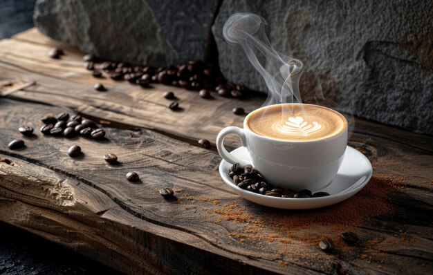 Una taza humeante de café latte art descansando en una superficie de madera rodeada de granos de café y tela que evoca una atmósfera cálida y acogedora