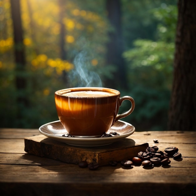 Una taza humeante de café recién elaborado se sienta en una mesa de madera rústica