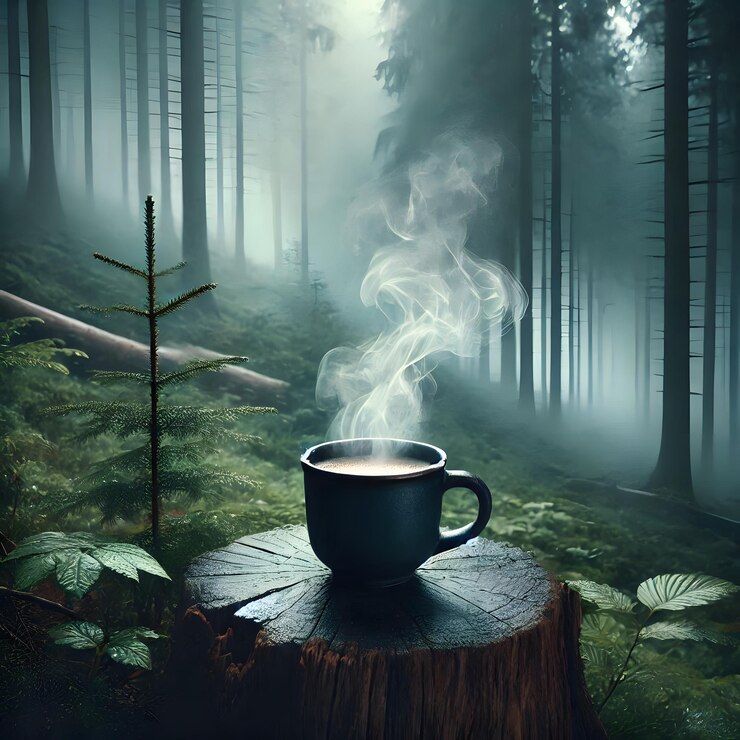 Una taza humeante sentada en el bosque brumoso de invierno