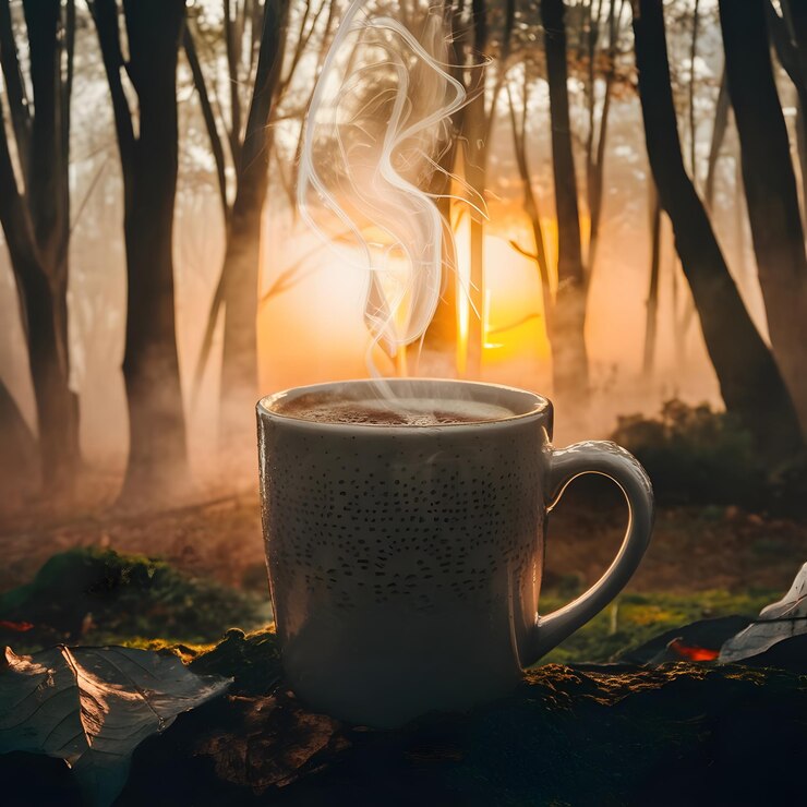 Una taza humeante sentada en el bosque brumoso de invierno
