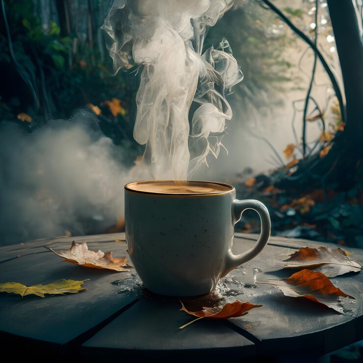 Una taza humeante sentada en el bosque brumoso de invierno