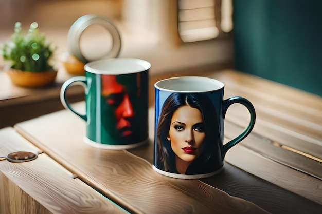 Una taza con la imagen de una mujer y un hombre al costado.