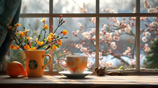 Foto una taza y un jarrón de flores en una ventana