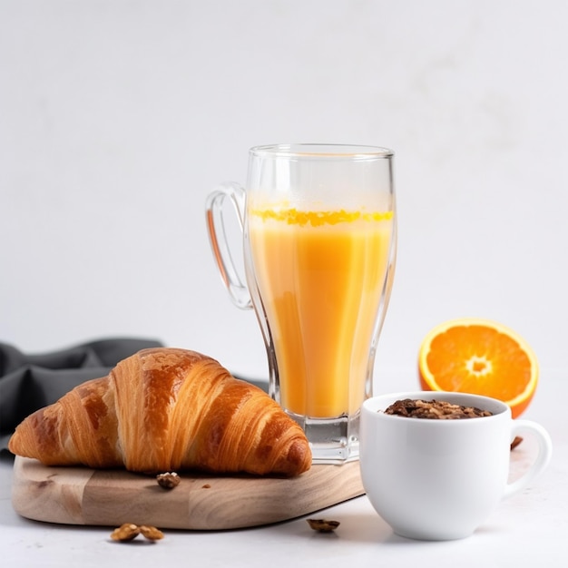 Una taza de jugo de naranja junto a un croissant y un croissant.