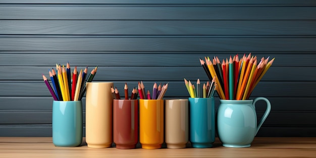 taza con lápices de colores y una pila de libros