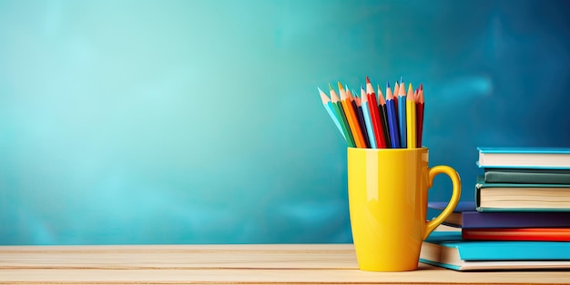 taza con lápices de colores y una pila de libros