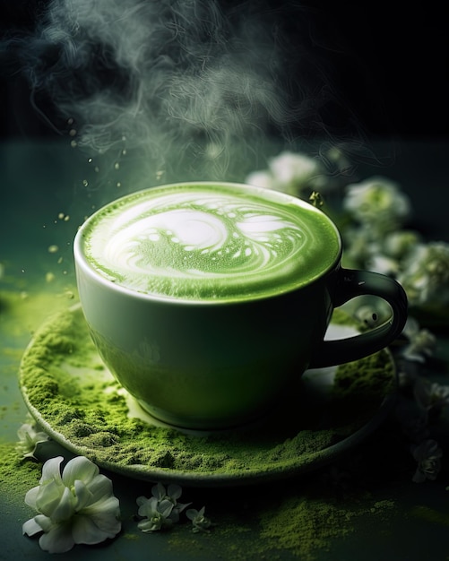 una taza de latte art verde está en un plato verde.