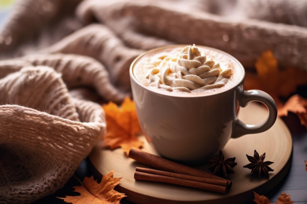 Foto una taza de latte de especias de calabaza en una mesa de madera decorada con hojas caídas