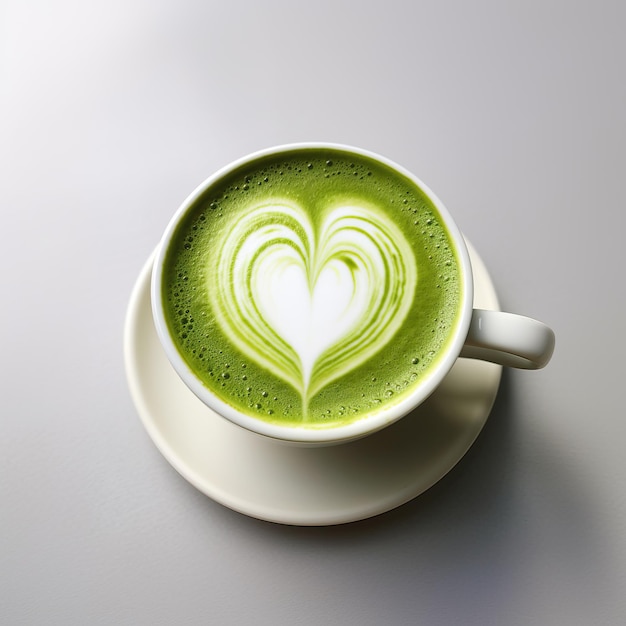 Una taza con latte de fósforo con decoración de espuma de leche en forma de corazón en la superficie verde capuchino vista superior