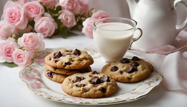 una taza de leche al lado de una tazón de leche y galletas