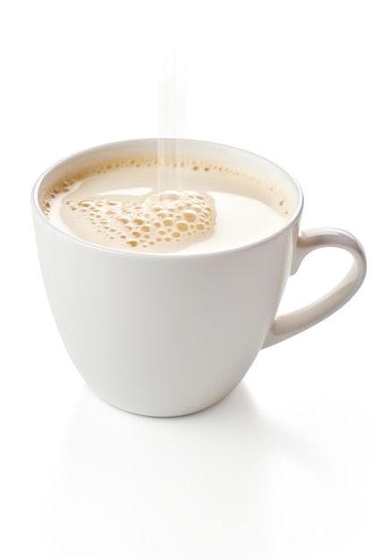 Una taza de leche caliente sobre un fondo blanco