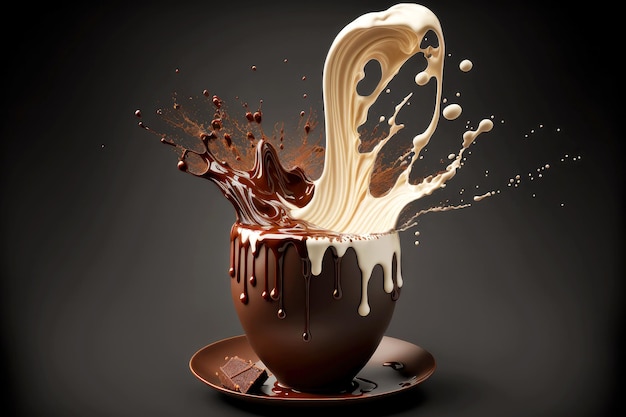 Taza de leche con chocolate negro caliente y chorrito de chocolate