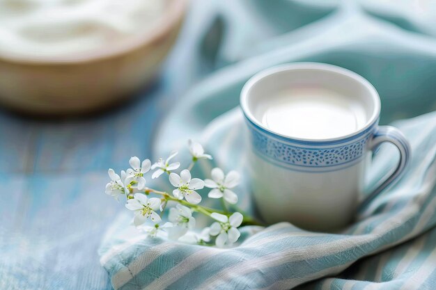 Una taza de leche y un tazón de yogur.