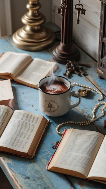 Taza y libros en la mesa cerca de las decoraciones