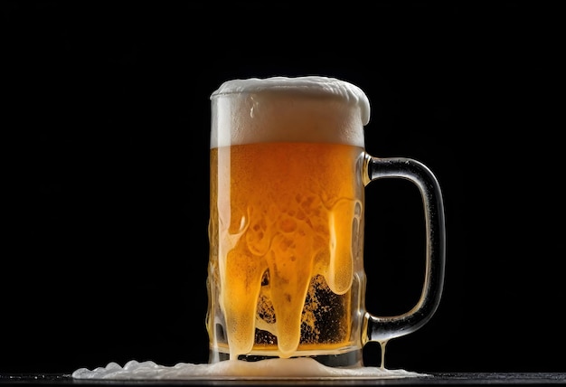 Foto una taza llena de cerveza con espuma desbordando contra un fondo negro