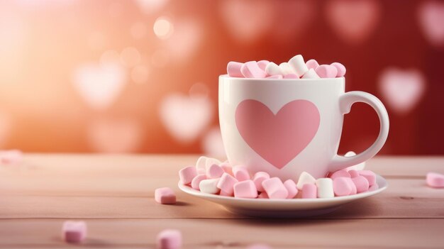 Una taza llena de chocolate caliente y malvaviscos rosados en forma de corazón