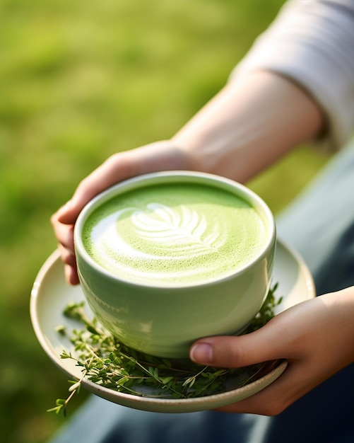 Foto una taza llena de té verde con leche