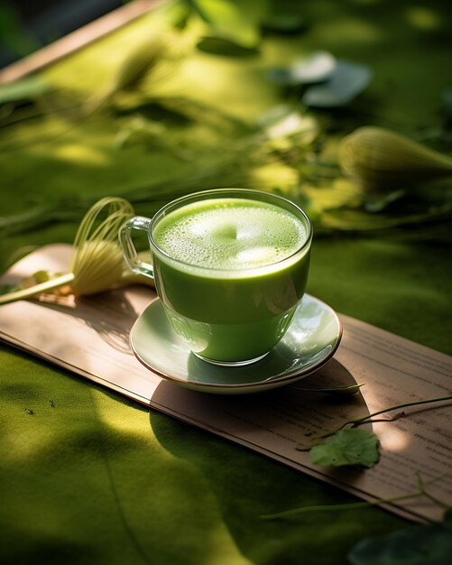 Foto una taza llena de té verde con leche