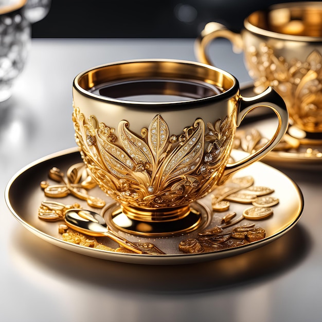 Foto una taza de lujo real de café dorado generada por herramientas de ia.
