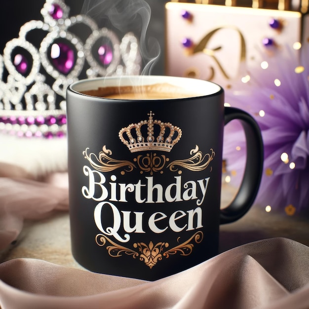 Taza lujosa de reina de cumpleaños con decoración real