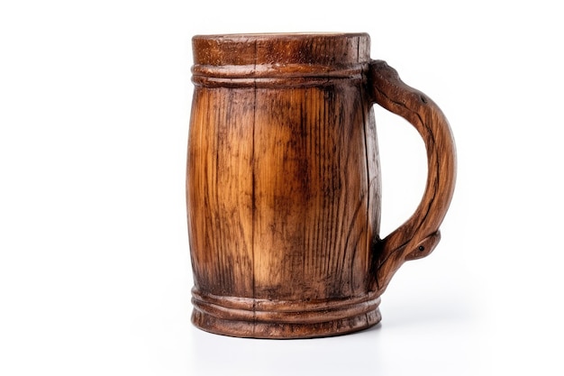 Taza de madera sobre fondo blanco.