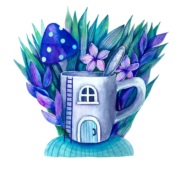 Taza mágica con cuchara y plantas ilustración acuarela linda