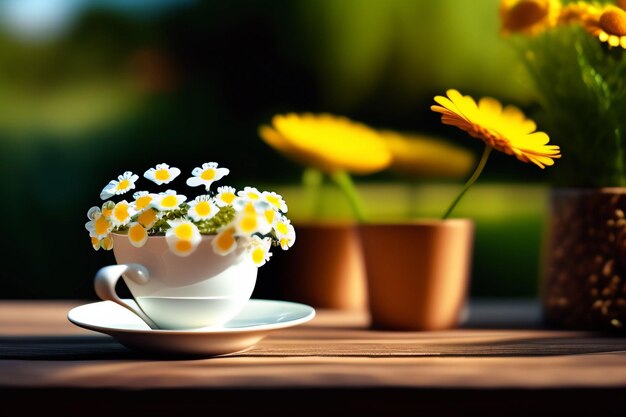 Una taza de margaritas se sienta en una mesa de madera con una maceta de flores en el fondo.