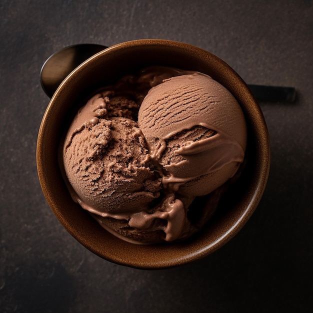 Foto una taza marrón con helado de chocolate y una cuchara sobre un fondo oscuro.