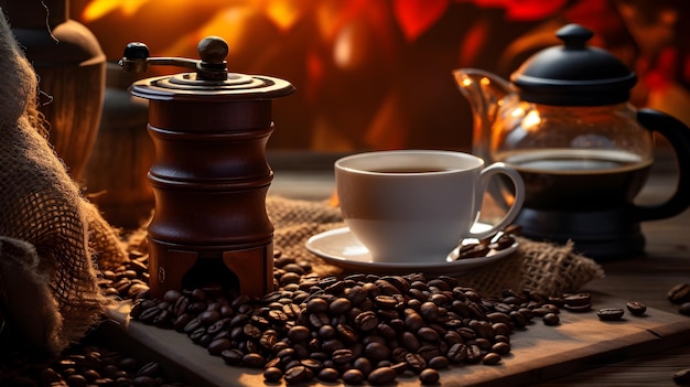 Taza de molinillo de café turco y granos de café sobre fondo marrón