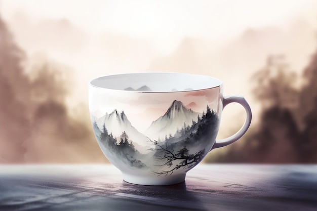 Una taza con montañas y árboles.