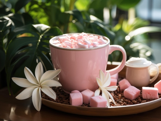 Taza naranja de cacao con rosa blanco