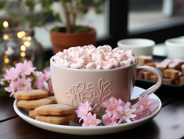 Taza naranja de cacao con rosa blanco