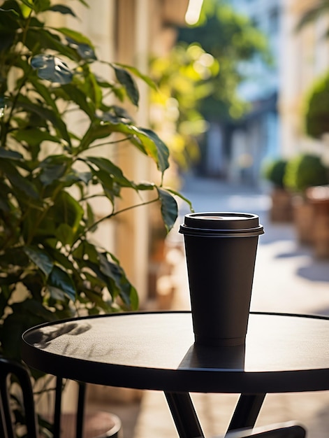 una taza negra en una mesa con una planta en el fondo