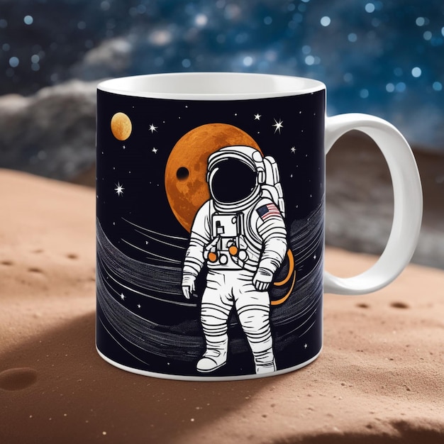 Taza Noche estrellada con luna creciente y astronauta a la deriva