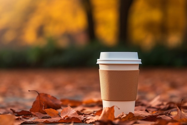 taza de papel de café se encuentra en las hojas rojas de otoño