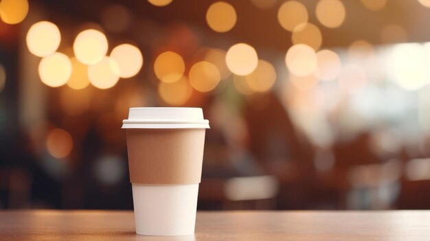 Taza de papel de café en una mesa de madera en una cafetería Espacio para texto y diseño