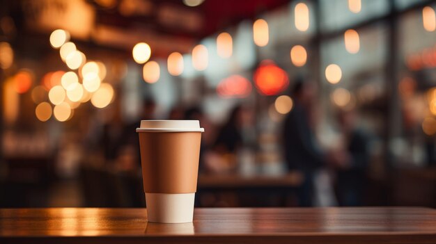 Taza de papel de café en una mesa de madera en una cafetería Espacio para texto y diseño